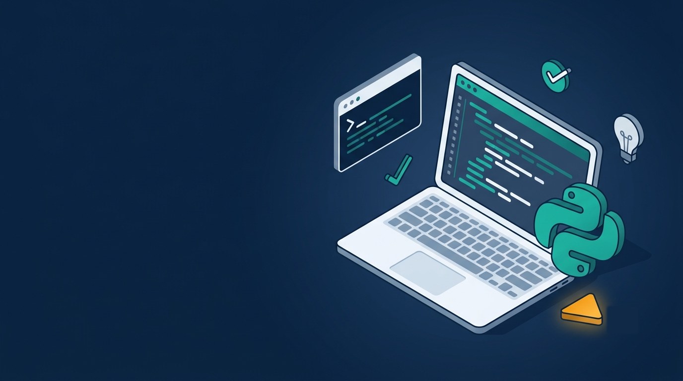 Laptop showing a code editor with a Python logo and a play button